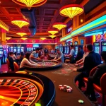 Casino action at New88.com with players at the poker table and vibrant slot machines in the background.