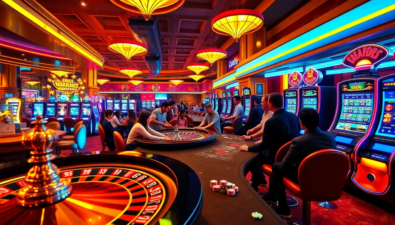 Casino action at New88.com with players at the poker table and vibrant slot machines in the background.
