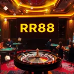 RR88 casino vibrant atmosphere showcasing excited players at roulette and blackjack tables.