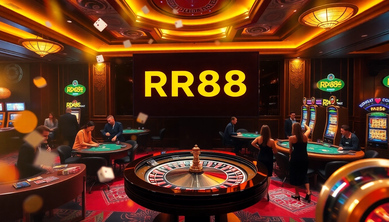 RR88 casino vibrant atmosphere showcasing excited players at roulette and blackjack tables.