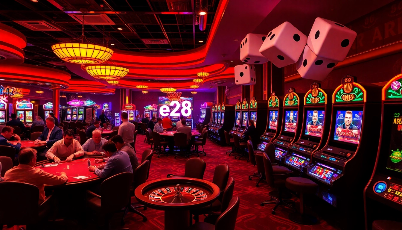An engaging image of a vibrant casino scene featuring tables for poker, a spinning roulette wheel, and colorful slot machines; prominently highlights the excitement of gambling with the keyword e28 amidst the action.