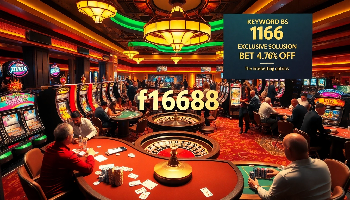Experience the excitement of f1688 at a vibrant casino with players engaged in poker, surrounded by slot machines.