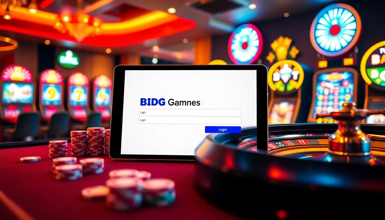 Experience the thrill of BDG Game Login amidst vibrant casino elements like poker chips and roulette wheels.