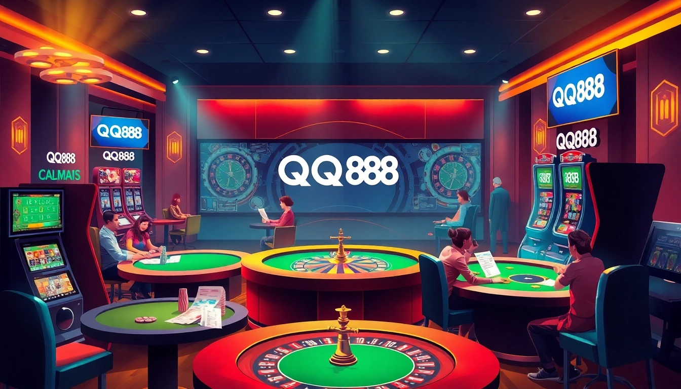 Experience the thrilling world of QQ88, where online gambling meets luxury casino games, featuring vibrant slot machines and poker tables.